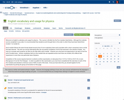 Homepage des Kurses "English vocabulary and usage for physics"