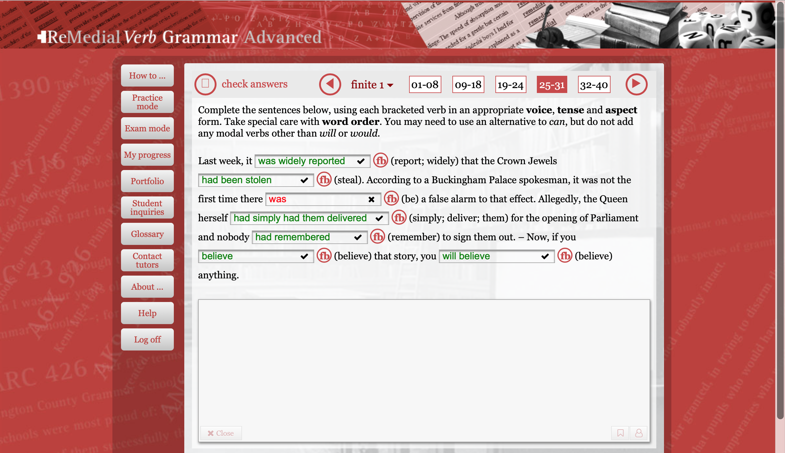 Screenshot des Kurses "Remedial Verb Grammar Advanced"