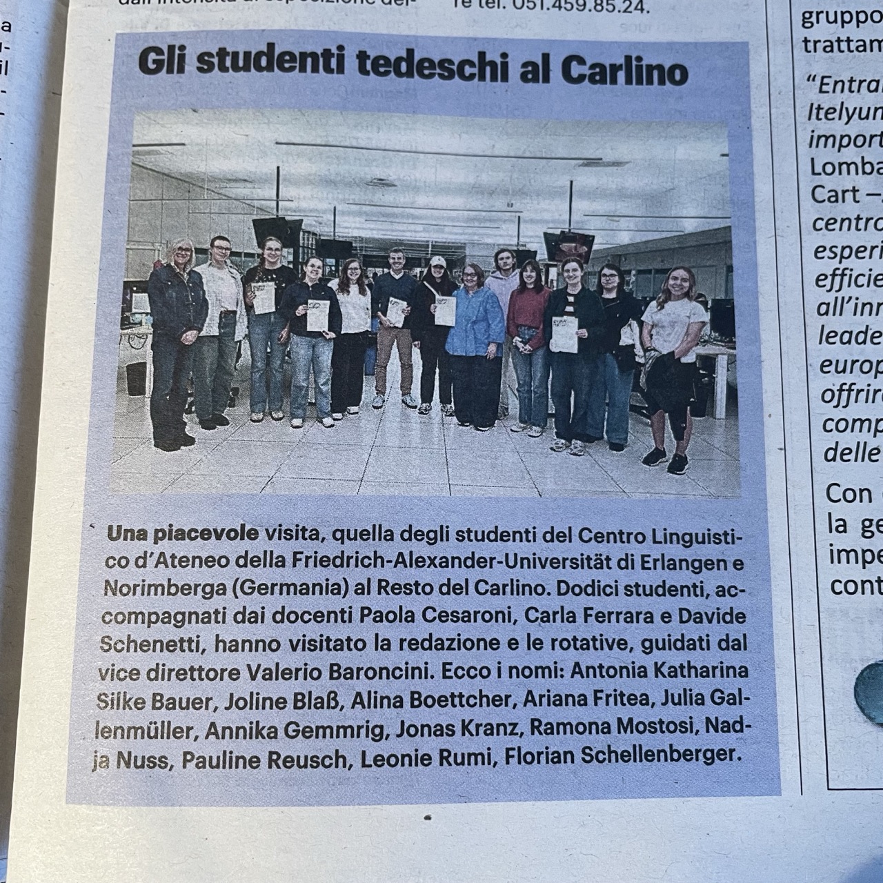 Zeitungsausschnitt über Besuch der deutschen Studierenden bei „Il Resto del Carlino“.